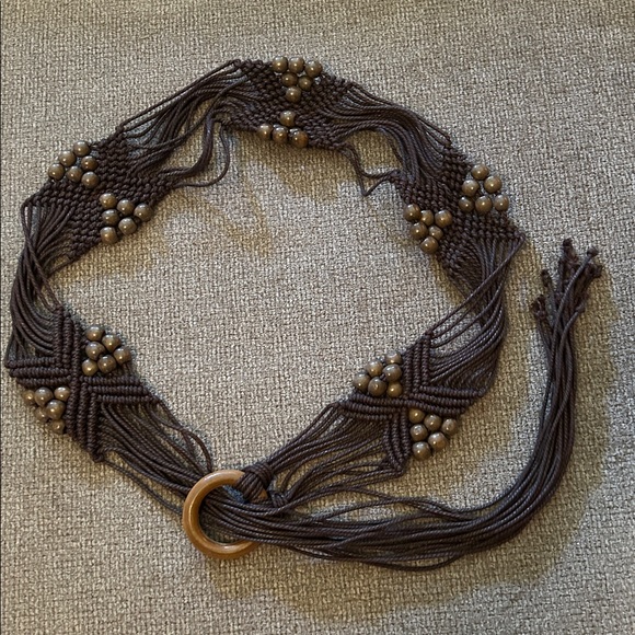 Accessories - Vintage Boho Brown Macramé Belt Wooden Beads 33-44”